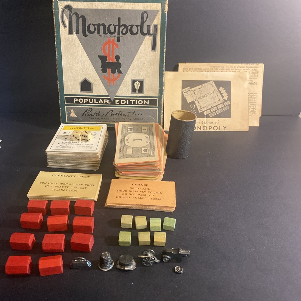 Vintage Monopoly Game Popular Edition Parker Brothers 1950's Green Box no board